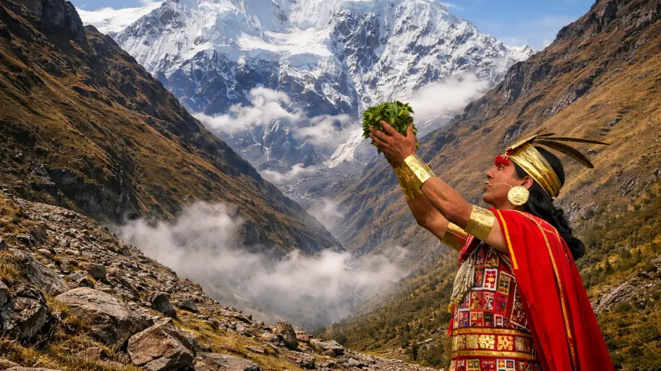 Inca ofrendando hojas de coca a los dioses andinos