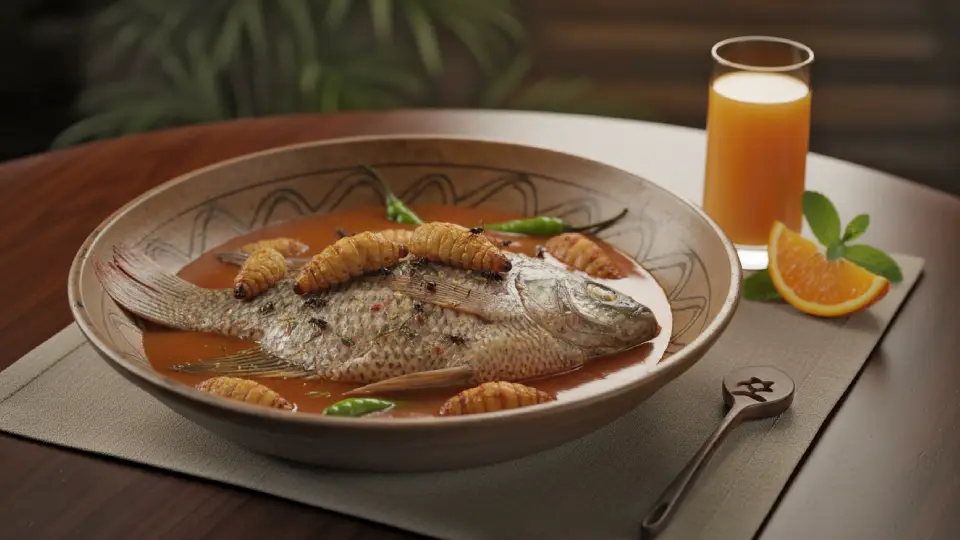 Cazuela de pescado acompañado con jugo fresco de naranja