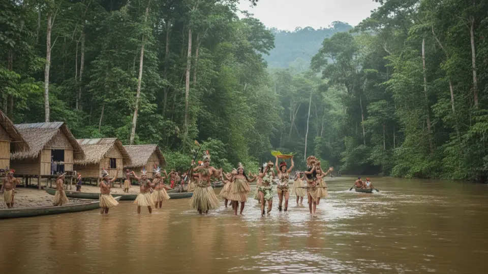 Pobladores indígenas bailando dentro del rio Amazonas