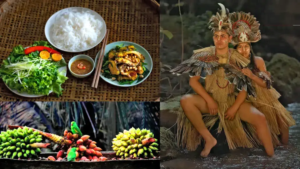 Indigenous people of the Peruvian jungle with typical local food and fruits