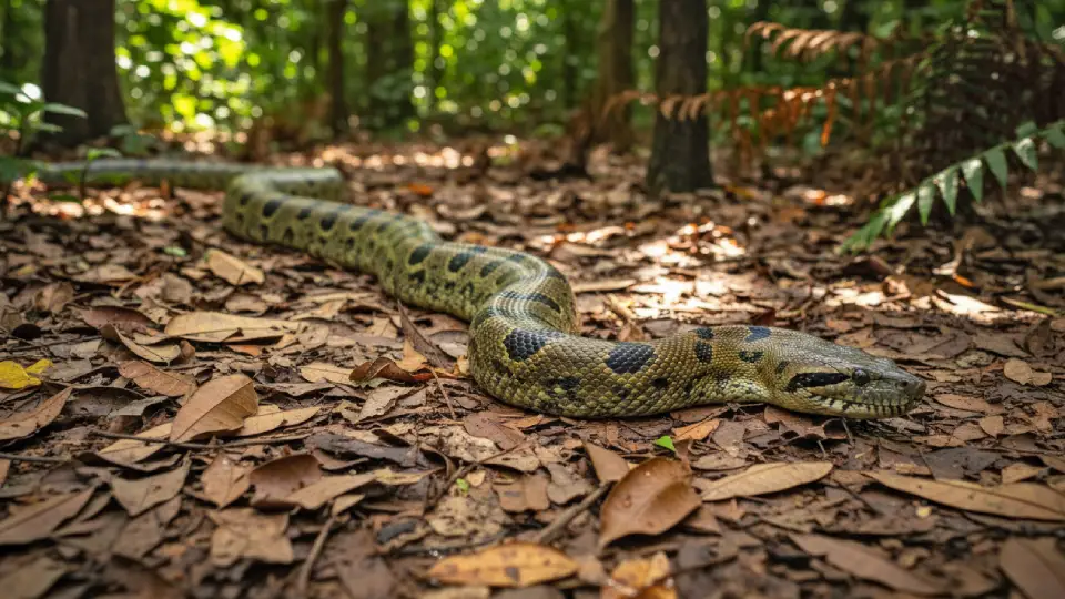 Anaconda deslizándose sobre las hojas secas del bosque amazónico