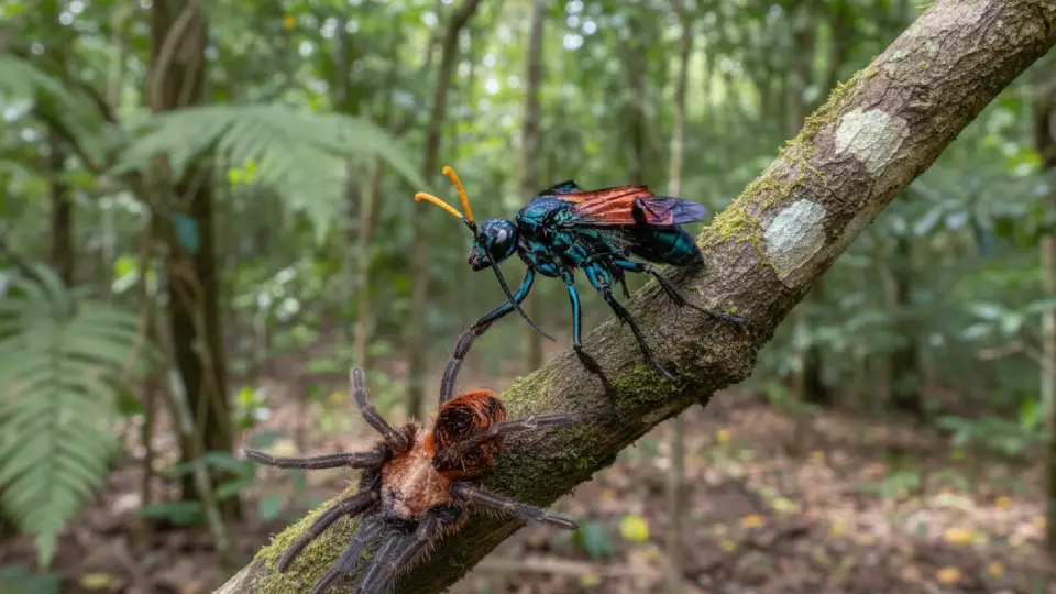 Avispa cazando una tarántula en el bosque