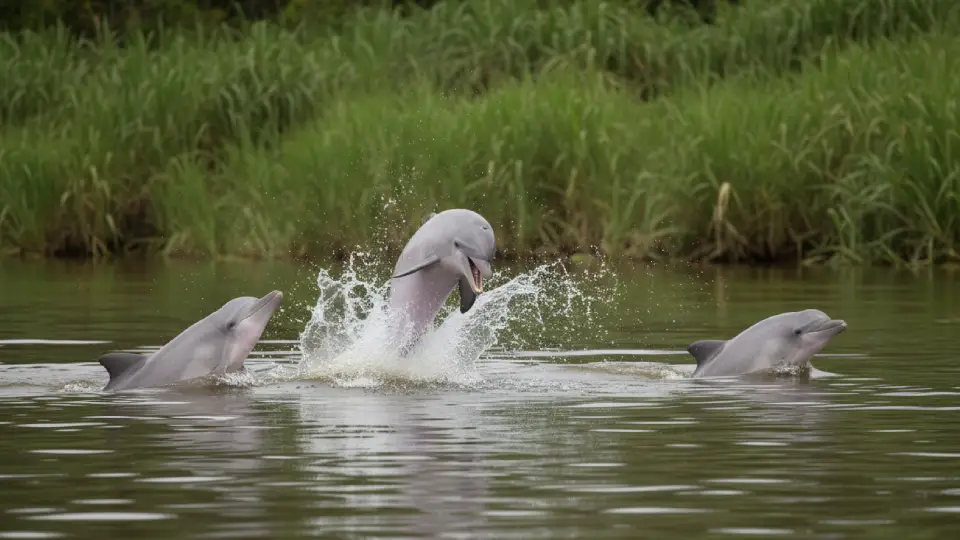 tres delfines gris jugando dentro del rio en la selva peruana