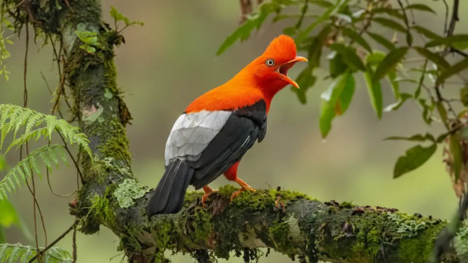 Gallito de las rocas parado sobre una rama en la selva peruana