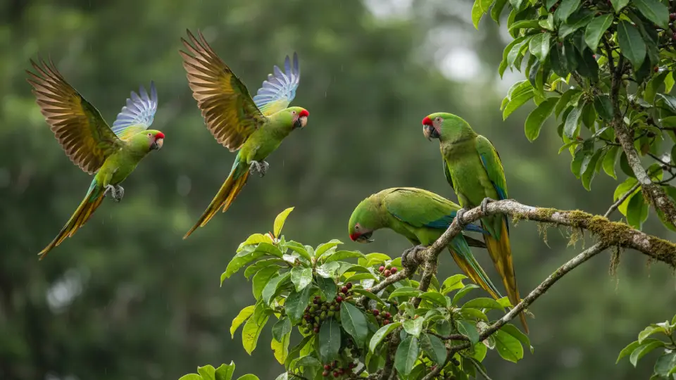guacamayo militar comiendo fruta sobre un árbol en la selva peruana