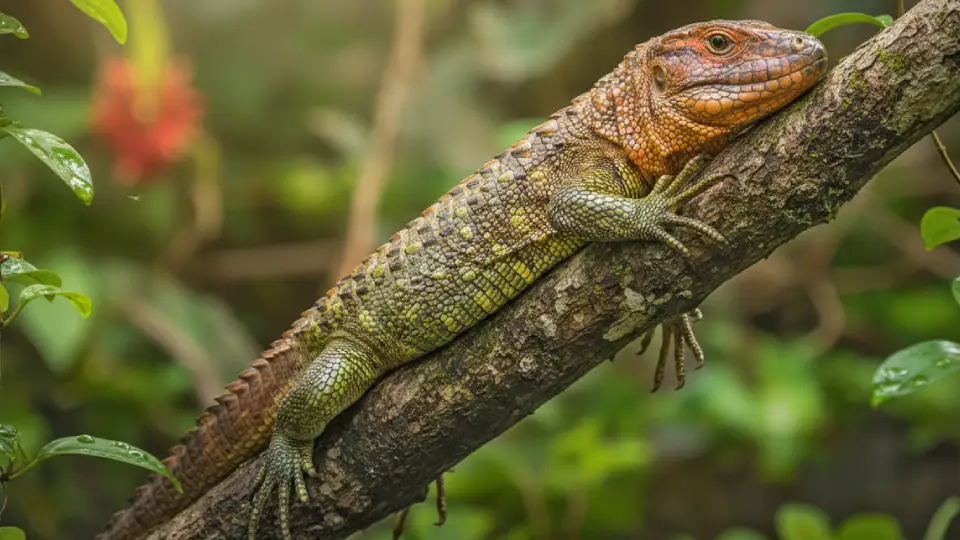 lagarto caimán sobre un tronco - animales de la selva peruana