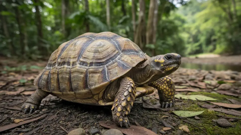 Tortuga motelo caminando en la selva del Perú