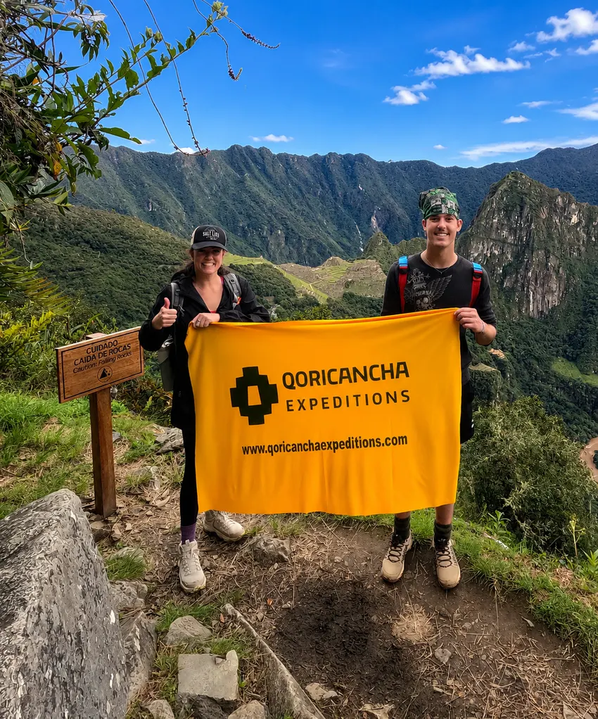 2-day Inca Trail hikers at Sun Gate with Machu Picchu