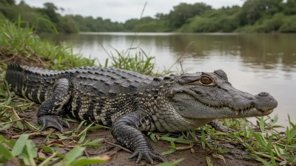 caimán negro al borde del rio