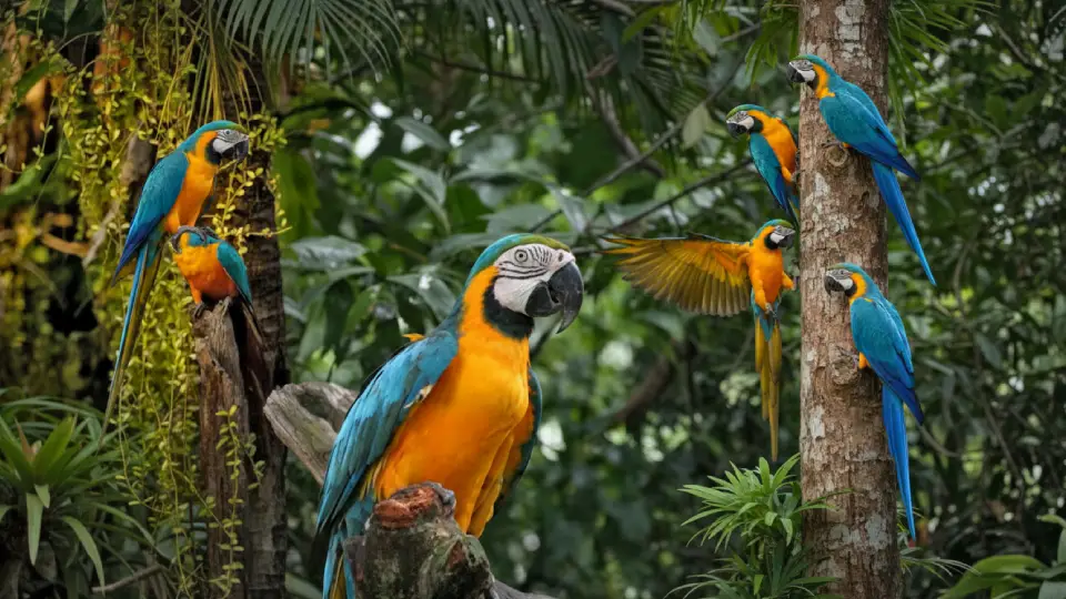 Guacamayos sobre una rama en la selva peruana