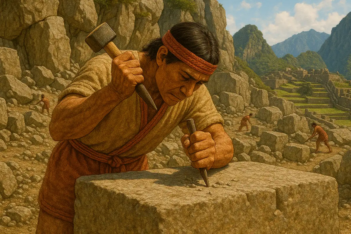 Builder carving stone in Machu Picchu