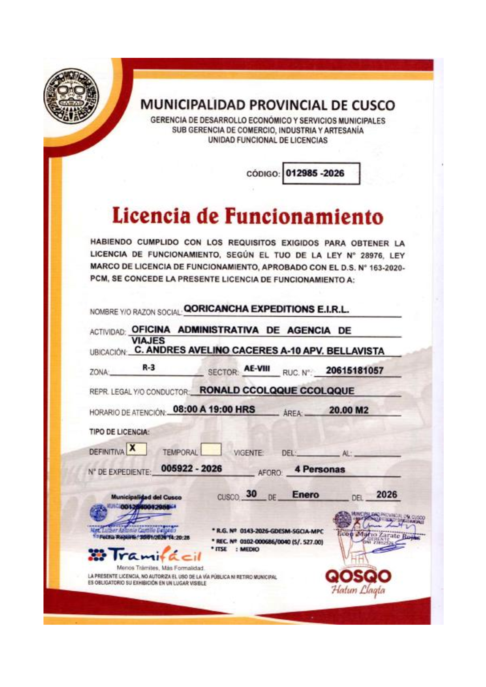 Licence Municipalidad Cusco to Qoricancha Expeditions