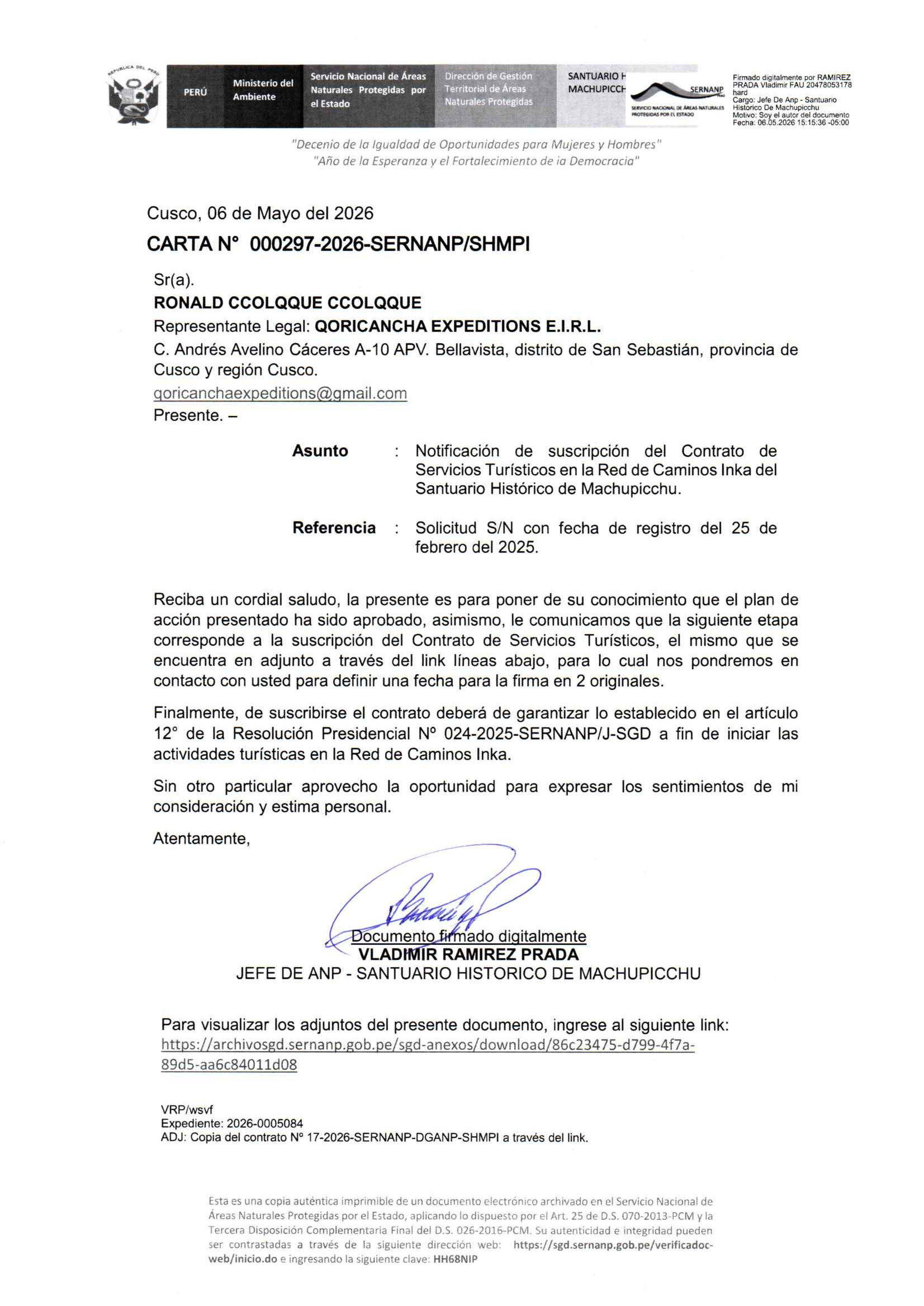 SERNANP Authorization to Qoricancha Expeditions