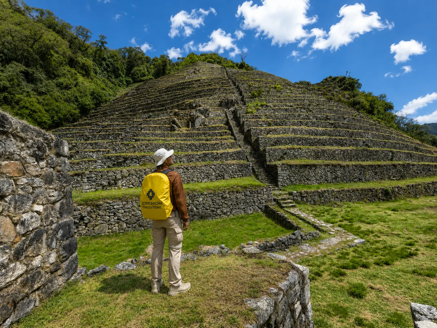 Classic Inca Trail hiker visiting Intipata archaeological site Peru