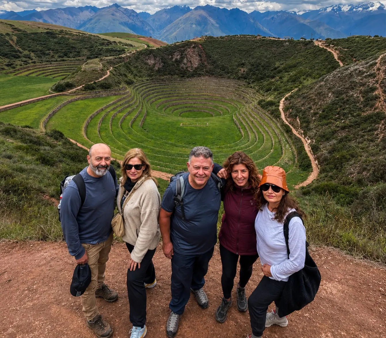 Visitors discovering Moray terraces and Maras Salt Mines
